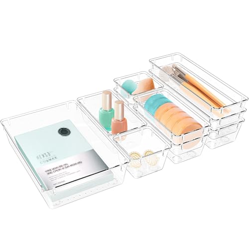 Image of StorMiracle 10 PCS Drawer Organizer Set,4 Varied Size Bathroom and kitchen Drawer cabinet organizer Trays, Clear Storage Bins for Makeup, Jewelry, Utensils and Gadgets
