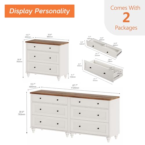 Image of WAMPAT White Dresser for Bedroom with 6 Drawers, Wood Dressers with Wide Chest of Drawers, Mid Century Modern Wooden Closet Storage Organizer, Large Kids Dressers for Nursery, Living Room, Hallway