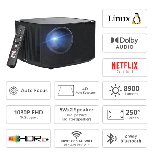 WZATCO Astra Netflix + Dolby Certified | Full HD Native 1080P Ultra Bright 12000L | Fully Automatic | Widevine L1, HDMI ARC | Projector for Home, Black