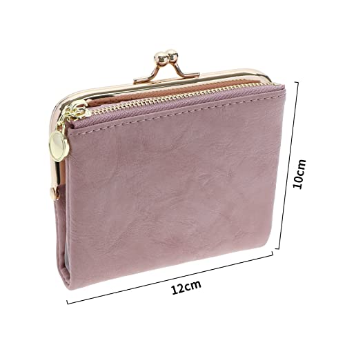 Women Wallet PU Leather Bifold Purse with Zipper and Kiss Lock Bank Card Storage Bag Vintage Small Compact Multifunctional Coin Pocket 12x10cm Pink4