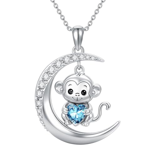Image of PROESS Animal Birthstone Necklace 925 Sterling Silver Otter /Axolotl /Hippo /Elephant /Dachshund /Monkey /Red Panda Pendant Necklace Animal Birthstone Jewelry Gifts for Women