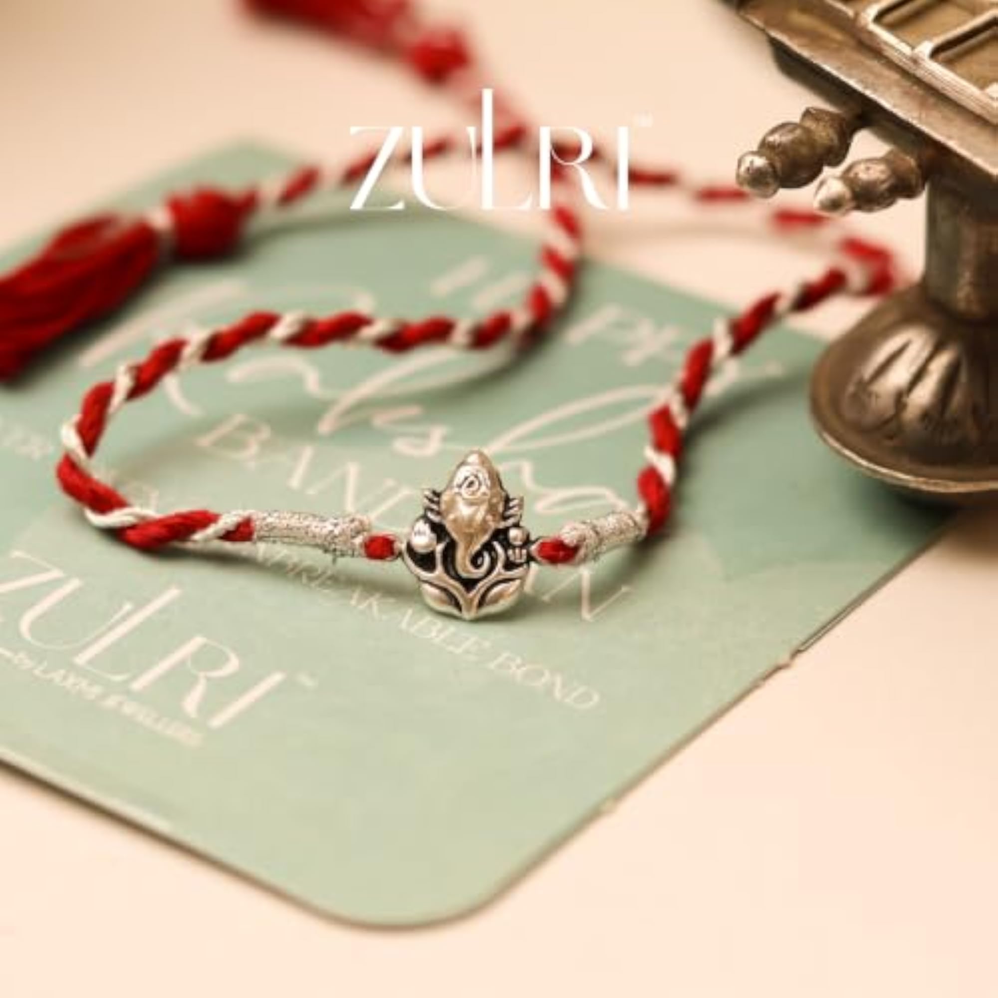 925 Sterling Silver Antique Ganesh Rakhi with Greeting Card