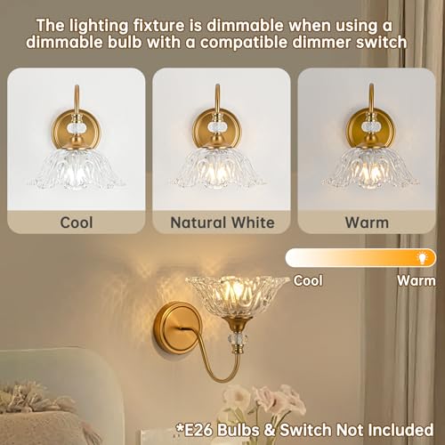 Image of 1 Piece Vintage Wall Sconce with Floral Clear Glass Shade, Matte Brass Finish Wall Mount Lighting for Bathroom,Vintage Bathroom Vanity Light Fixtures