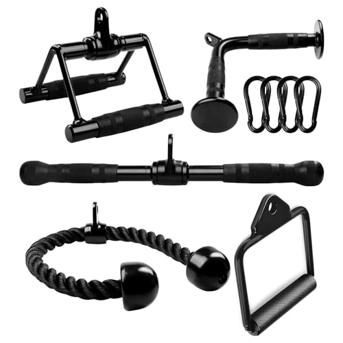 Image of Yes4All Black Combo Tricep Press Down Cable Machine Attachment, LAT Pulldown Attachments for Gym Set with Tricep Rope, Double D Handles, V-Shaped Bar, Single D, Rotating Pull Down Straight Bar