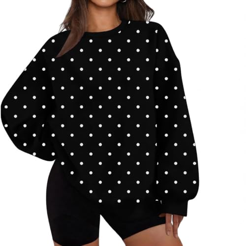 Oversized Crew Neck Sweatshirts Women Polka Dots Fleece Preppy Tops - image 1