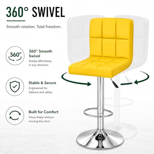 Image of Kemon KaiMeng Modern Adjustable Swivel Bar Stool Chair with Backrest, PU Leather Hydraulic Counter Stool with Footrest for Kitchen Island, Cafe & Home Bar, Yellow, Square Tufted Back Stool