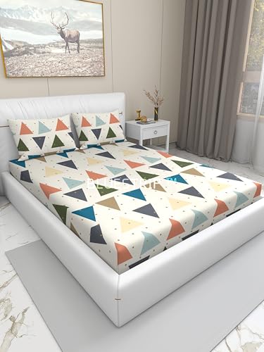 Image of Blue Strip 300 TC Cotton Feel Glace Cotton Flat Printed Queen Size Double Bed Bedsheet with 2 Pillow Covers,Size- 90 x 100 Inches