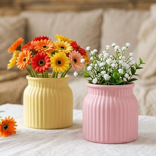 Image of TrustBasket Sereno Decorative Plastic Flower Vase Set Yellow Pink, Modern Table Top Home Decor Accent for Living Room Bedroom Dining Office, Compact Durable Minimalist Vase for Flowers, Set of 2