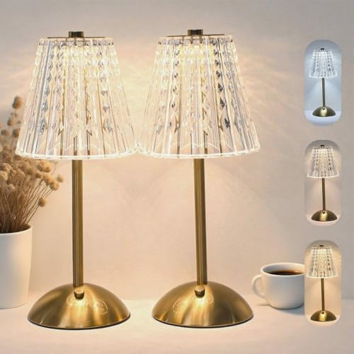 LCZYUYU 2 Pack Crystal Table Lamp, 5000mAh Rechargeable Battery Lamp with Touch Control, 3 Color Temperatures, Dimmable Brightness, Matte Aluminum Light for Bedroom/Bar/Kitchen/Outdoor, Home Décor