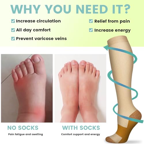 Image of 7 Pack Copper Knee High Compression Socks For Men & Women - Best For Running,Athletic,Medical,Pregnancy and Travel -15-20mmHg