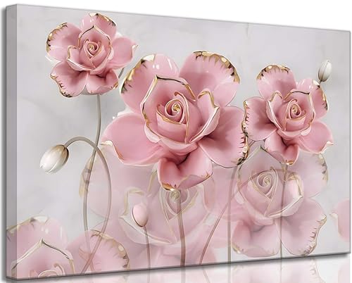 Modern Delicate Pink Gold Roses Canvas Wall art Flower Reflecting
