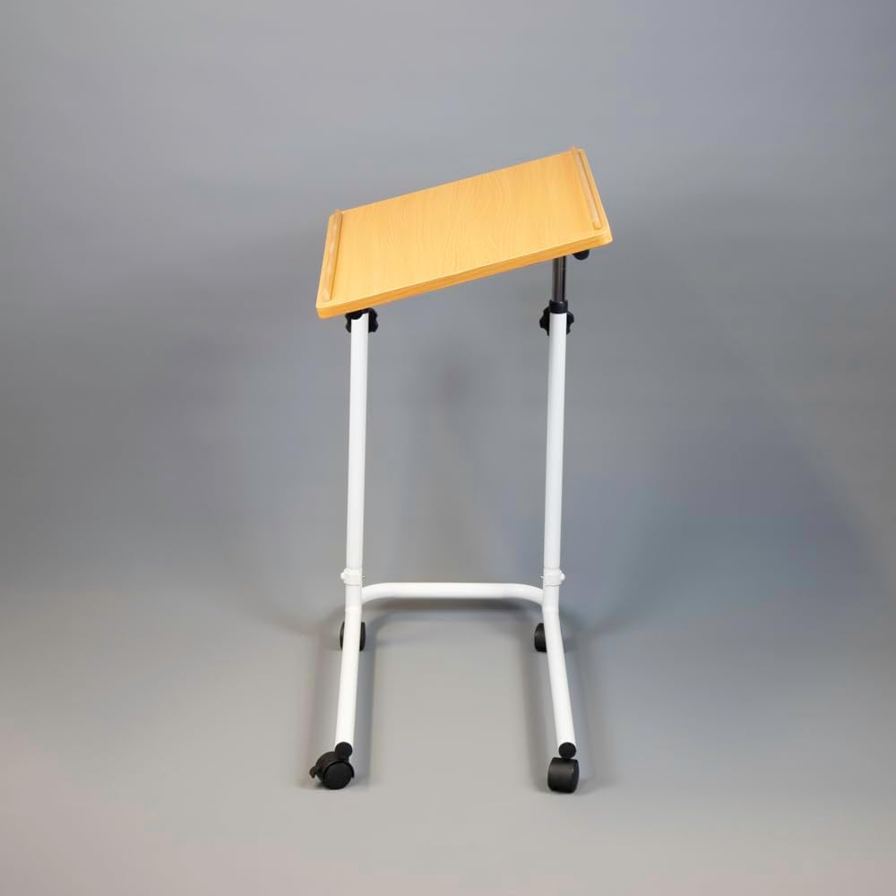 Side view of the over-bed table with castor wheels, showing its mobility.