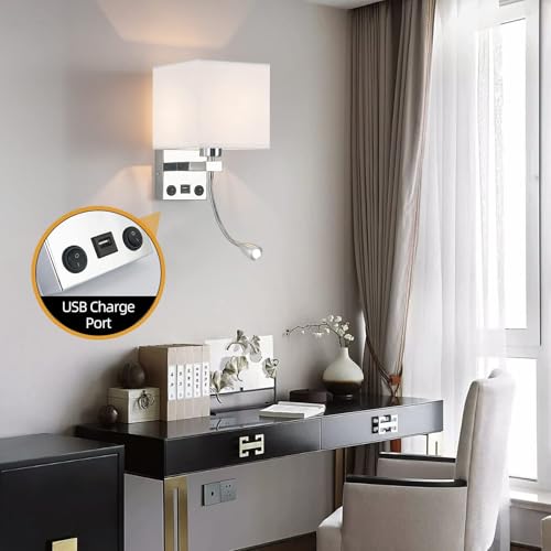 Image of Sconces Wall Lighting Hardwired Modern Wall Lights for Bedroom with USB Port and Reading Lamp, Bedside Wall Lamps for Hotel, Living Room, Office (Silver)