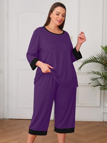 AusLook Women’s Plus Size Pajama Sets Purple 2X Soft 3/4 Sleeve Nightwear Top and Capri Pants Lounge Set with Pockets — view 5