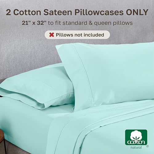 Image of California Design Den Standard Queen Size Pillowcase Set - 400 Thread Count, 100% Cotton Sateen, Set of 2 Pillow Covers, Soft and Breathable - Seafoam