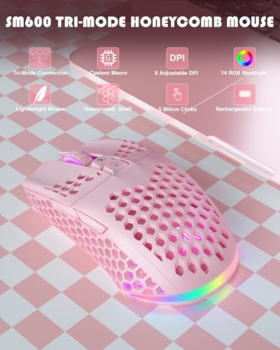 SOLAKAKA SM600 Pink Wireless Gaming Mouse with Honeycomb Shell, Side Buttons,Tri-Modes(BT5.1+BT5.1+2.4GHz) Lightweight RGB Wireless Mouse for PC/Tablet/Desktop/Office/Games