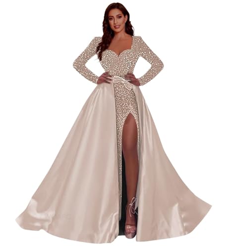 CWOAPO Long Sleeve Prom Dress with Slit Sequin Satin Ball Gown for Women Formal Evening Party Gown with Detachable Train