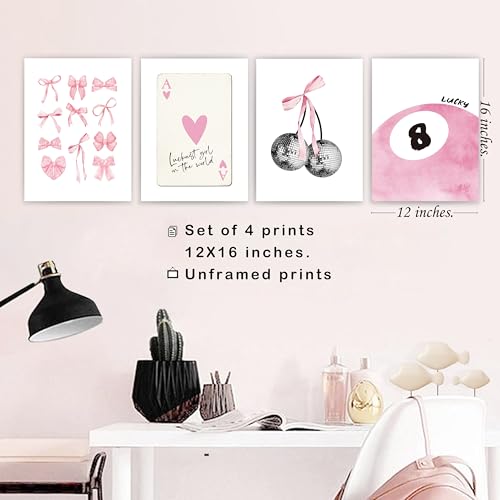 okaxscm Pink Coquette Trendy Preppy Wall Art Prints Set of 4, Coquette Room Decor, Preppy Room Decor Aesthetic, Pink Bow Disco 8 Ball Cherry Wall Decor Posters for Girls Bedroom Dorm, 12x16 Unframed