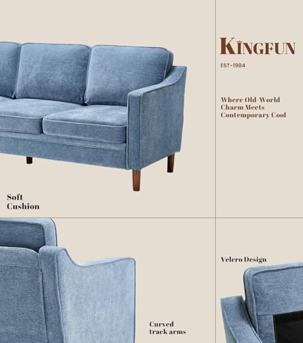 Kingfun 80" Chenille Sofa, 3 Seater Couch, Mid Century Modern Couches with Solid Wood Legs for Living Room & Bedroom, Light Blue - Image 5