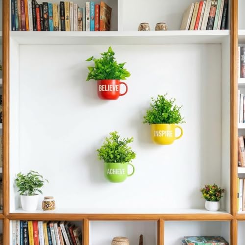 Image of Dekorly Colorful Wall-Mounted Mug Planters with Faux Greenery(20 CM)- Wall Decorative Pots for Vibrant Home & Office Decor| (3, Believe Inspire Achieve)