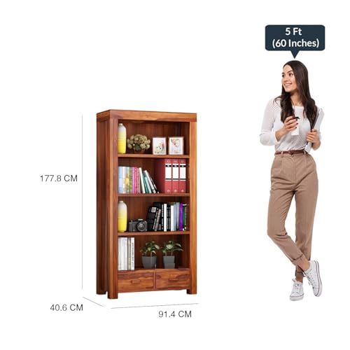 Image of Solid Wood Book Shelf with Racks Storage| Library Bookshelf | Wooden Book Cabinet Office & Home Living Room| Bookcases Furniture (Honey B)