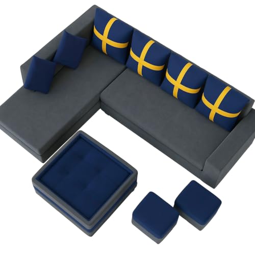 Image of FURNY Premium Arora 8 Seater Fabric LHS L Shape Sofa with 2 Ottoman + 1 Centre Table Ottoman Set for Living Room | with Velvet Fabric | in Dark Blue & Dark Grey Color | Durable Co