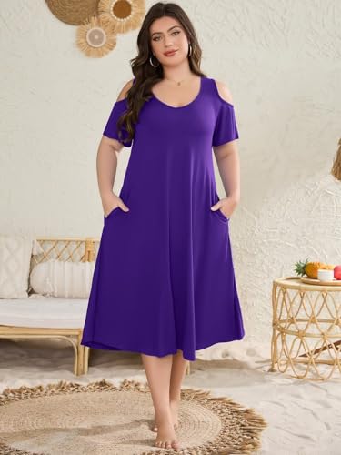 Image of LARACE Plus Size Women Dress for Summer, Midi Women's Sundress, Casual V-Neck Short Sleeve Flowy T-Shirt Dresses with Pockets