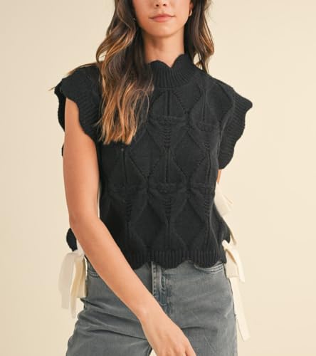 Women Bow Side Tie Sweater Vest Cute Scallop Trim Mock Neck Crochet Knit Tank Top Y2k Sleeveless Split Hem Sweaters2