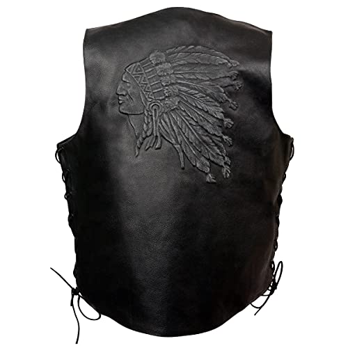 ELM3900 Men's Motorcycle Riders Black Leather Vest with Embossed Native American Head
