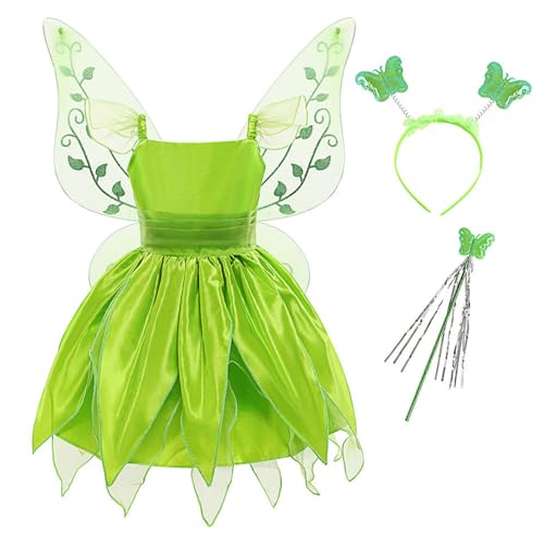 Freebily Vestido de Princesa Hadas para Niñas Disfraz de Campanilla Vestido Verde con Alas de Mariposa Disfraz de Carnaval Halloween Navidad Verde 5 6 años