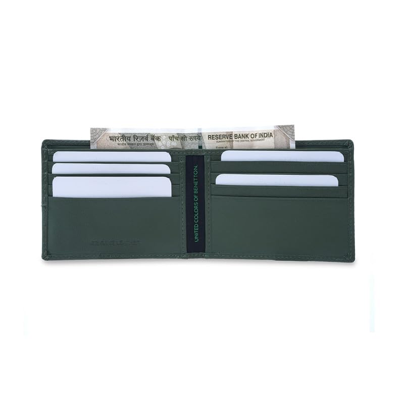 Image of United Colors of Benetton Men's Leather Wallet Louth - Olive | Slimfold Wallet with RFID Protection, Multiple Card Slots | Coin Pocket | Bi-Fold Purse for Men | Ideal for Gifting