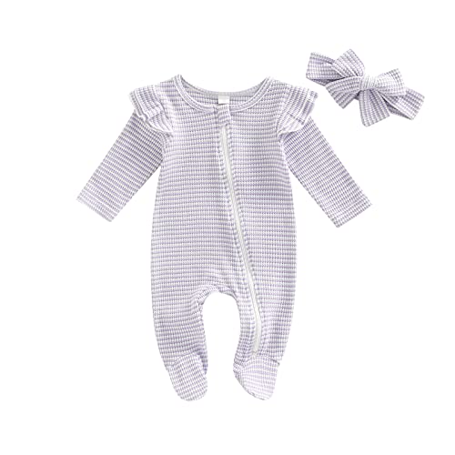 Image of BemeyourBBs Newborn Baby Girl Clothes Ruffle Baby Sleeper Zipper Footie Romper Playsuit with Headband Outfit