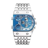 CARLIEN Men’s Luxury Rectangle Square Gold Silver Big Face Luminous Waterproof Quartz Watch Sports Multi-Time Zone Military Stainless Steel Male Dress Wristwatch (Silver Blue)