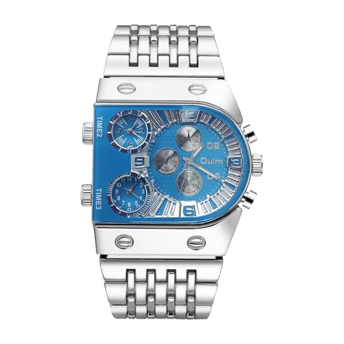 CARLIEN Men’s Luxury Rectangle Square Gold Silver Big Face Luminous Waterproof Quartz Watch Sports Multi-Time Zone Military Stainless Steel Male Dress Wristwatch