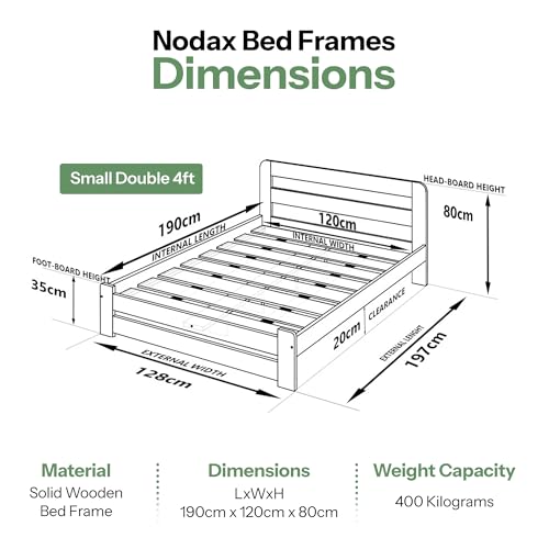 Nodax Small Double Bed Frame – Solid Pine Wooden Bed Frame for Adults, F1 Easy Assemble Bed with Sturdy Slats & Extra Four Supportive Legs, Comfortable Bedroom Furniture | 4ft (White)