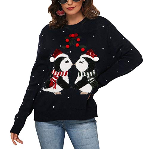FULA-bao Women's Ugly Winter Christmas Reindeer Themed Knitted Holiday Sweater Girl Pullover (Penguin-Dark Blue, L)