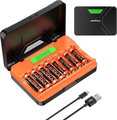 AKTTKA Battery Charger 8 Slots with 4PCS AA 2400mAh Rechargeable Batteries and 4PCS AAA 1100mAh Ni-MH 1.2V with Type-C Charging Cable