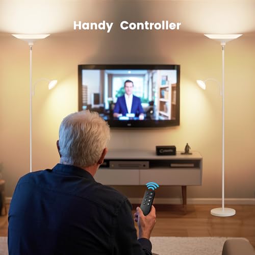 Image of SIBRILLE Upgraded 2-Light Torchiere Floor Lamp - 34W Color Changing Standing Lamp with Remote, Rotatable Floor Reading Light, Modern Standing Light with for Living Room Bedroom Office, White