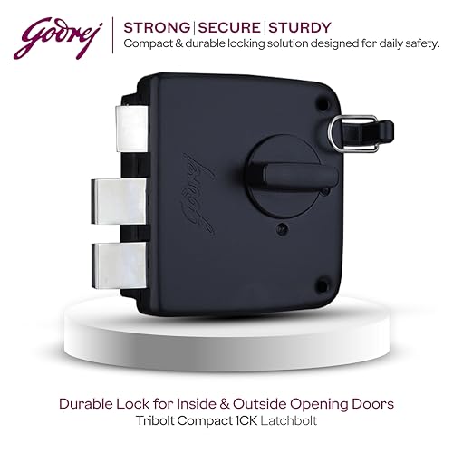 Image of Godrej Tribolt Compact 1CK LB | for Inside /Outside Opening Wooden Doors | 60mm Backset | Reversible Latch | 3 Keys | Puller Ring Anti-Lockout | Textured Black Finish | 5 Year Warranty