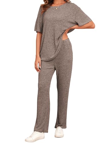 Famulily Geripptes Kleidungsset für Damen, übergroße Kurzarm-Tops und Hose mit weitem Bein, mit Taschen, 2-teilige Outfits, Trainingsanzüge, Loungewear, Nachtwäsche, coffee, L