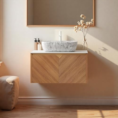Image of Floating Bathroom Vanity with Sink, 30 inch Bathroom Storage Cabinet with Sintered Stone Countertop & Marble-Pattern Ceramic Basin, Wall-Mounted Vanity with 2 Twill Pattern Doors, Brown Oak