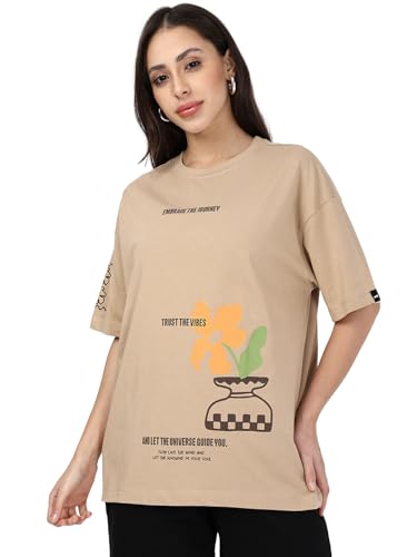 Bewakoof Women's Graphic Print Oversized Fit Half Sleeve Round Neck Cotton Jersey T-Shirt_670935_Brown_2XL Deal