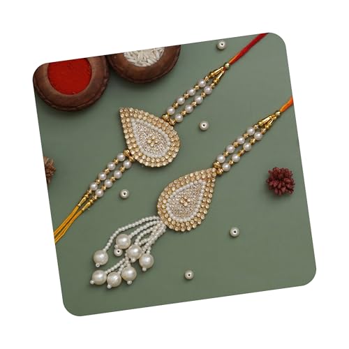 Image of eCraftIndia Diamonds, Pearls Designer Bhaiya Bhabhi Rakhi Set with Roli Chawal Pack -