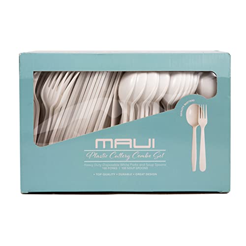 Maui Plastic Forks And Spoons- Heavy Duty Disposable 100 Forks & 100 Deep Wide Soup Spoons(Set Of 200 Total) - Strong Heavyweight Easy To Open Set - Good For Gathering & Parties Hard To Break By "Maui #TOP6