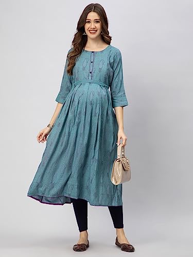 CEE 18 Cotton Rayon A-Line Flared Maternity Feeding Kurti for Women with Zippers | Maxi Gown Dress for Women | Breastfeeding Dress for Mothers | Feeding Kurti for Women | Maternity Wear for Women