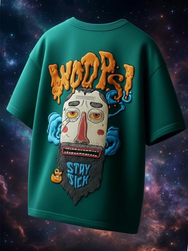 Image of Veirdo Men's Oversized T-Shirt | 240 GSM | Pure Cotton | Drop Shoulder | Round Neck | Half Sleeve Graphic Puff Print | Summer Casual Streetwear Loose Fit Tee