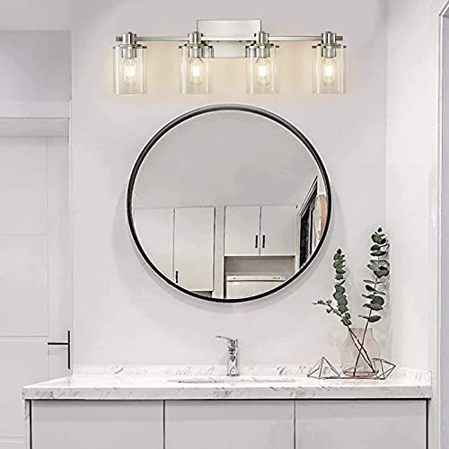 Image of 4-Light Bathroom Lighting,Modern Brushed Nickel Vanity Light Fixture Over Mirror,Industrial Wall Lamp with Clear Glass Shade