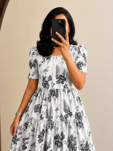 Image of Women's Rayon A-Line Midi Dress, Floral Print, Short Sleeves, Tiered Design, Round Neck, for Summer Wear