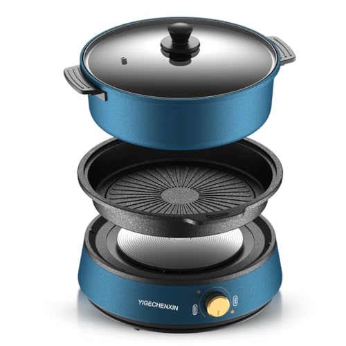 YIGECHENXIN Parrilla de Hot Pot Redonda Multifuncional 2 en 1, Sartén Eléctrica de Gran Capacidad, Configuración de Calor Ajustable, Fácil de Limpiar para 3-8 Personas
