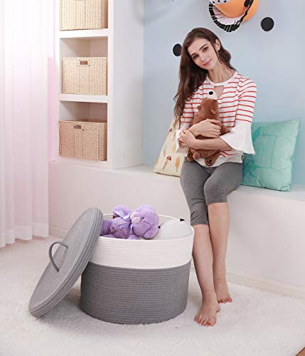 20" X 20" X 15" Extra Large Storage Basket With Lid, Cotton Rope Storage Baskets, Laundry Hamper, Toy Bin, For Toys Blankets Pillows Storage In Living Room Baby Nursery, Large Basket With Grey Cover #TOP1